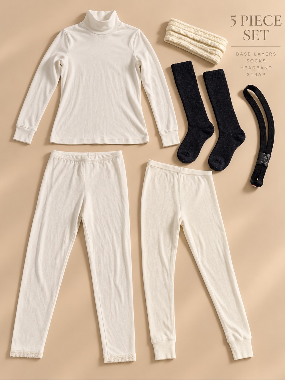 Women’s Winter Base Layer Bundle Thermal Leggings Turtleneck Socks Headband